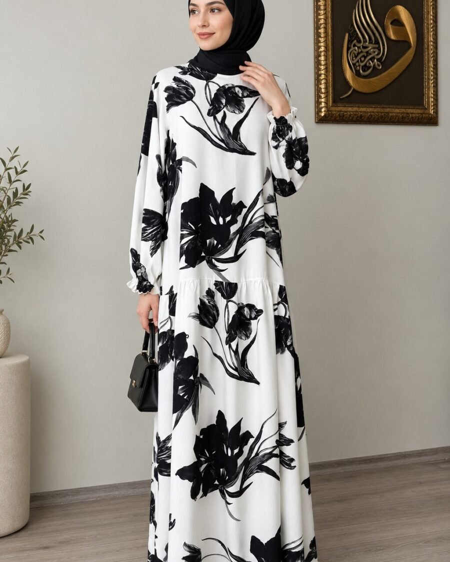 Lale Desenli Elbise – Siyah Beyaz